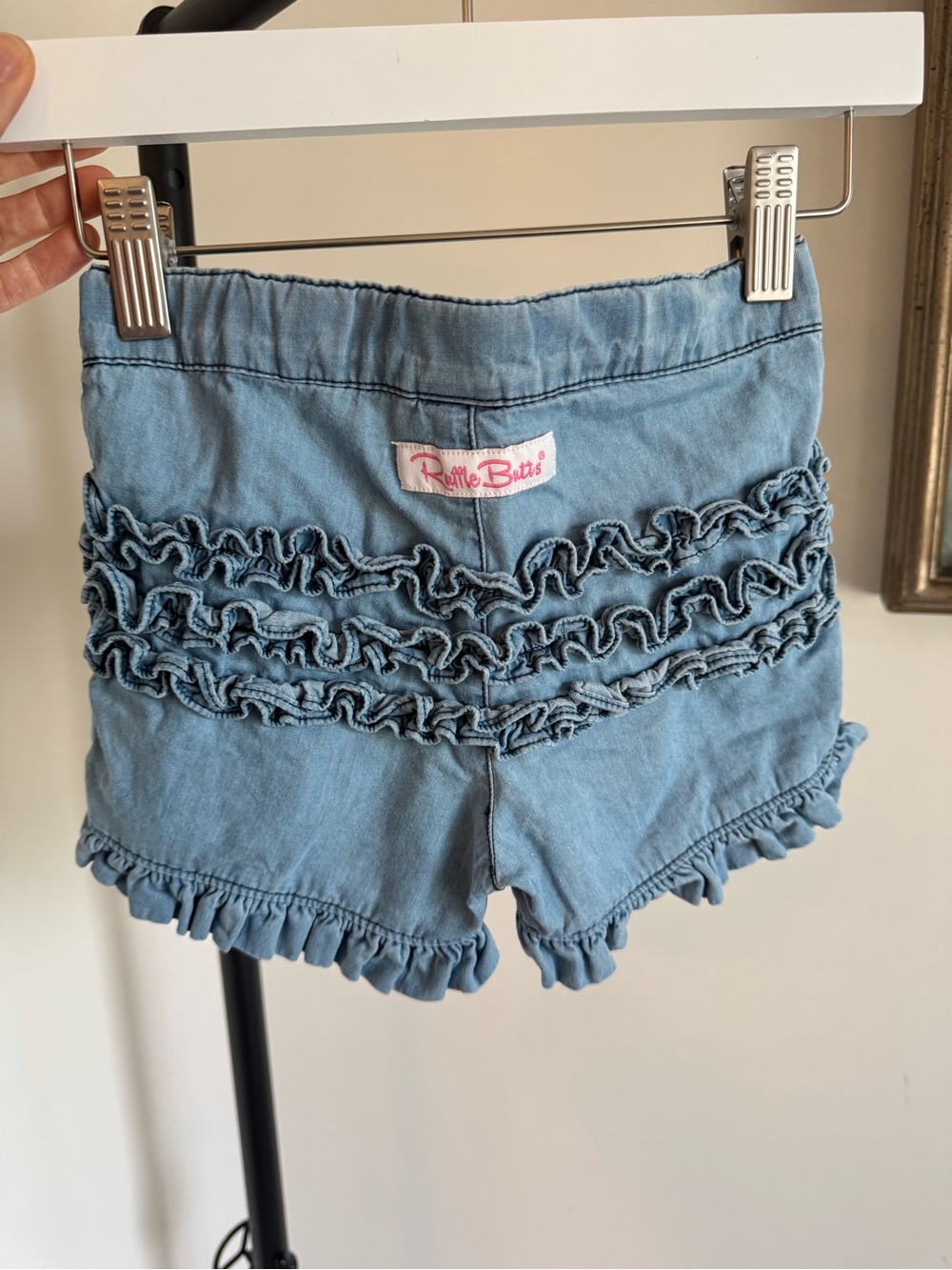 Ruffle Butts Light Blue Denim-Style Ruffle Hem Shorts - Picture 3 of 3